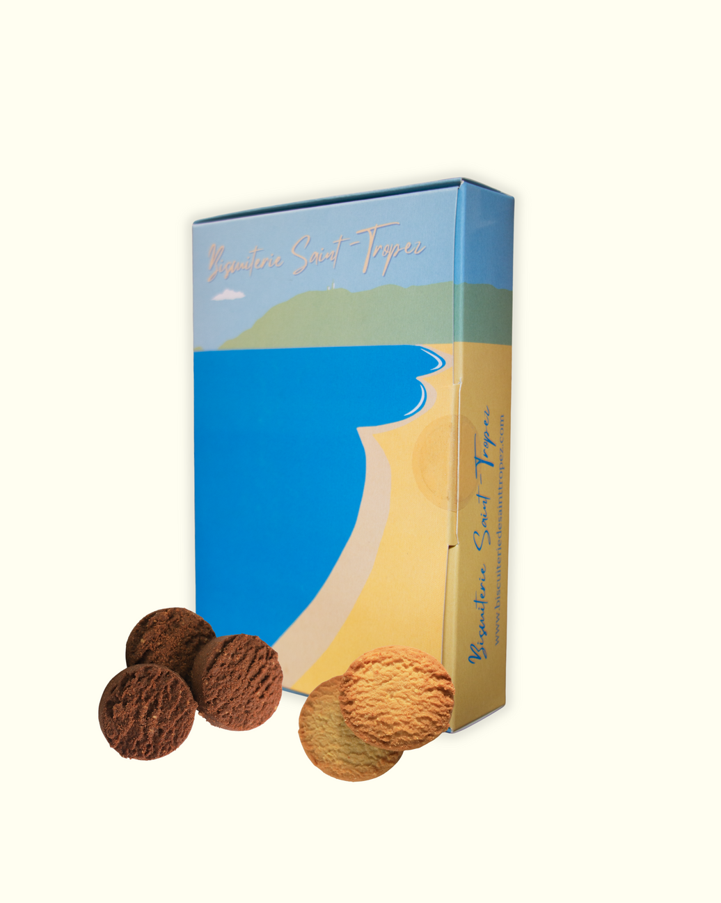 Boîte Sablés de Pampelonne Saint-Tropez avec carte postale, biscuits artisanaux inspirés de la mythique plage
