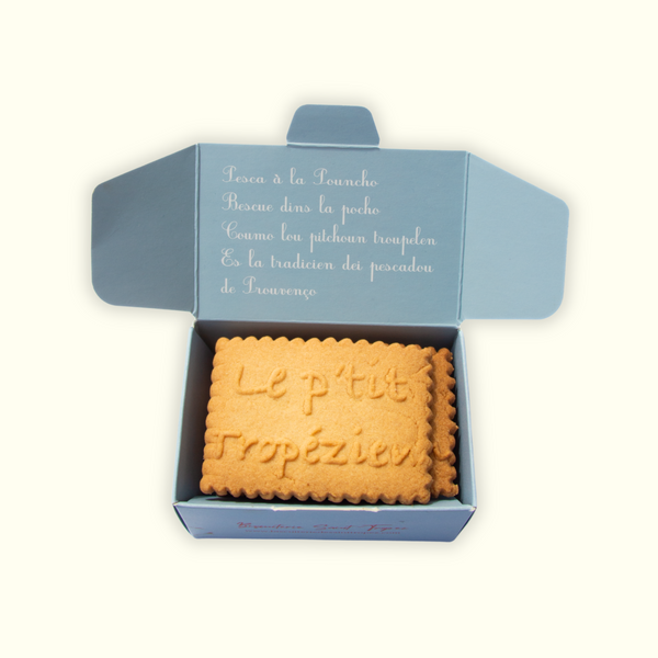 Biscuits traditionnels français Saint-Tropez en boîte pêcheur, spécialité artisanale inspirée des marins