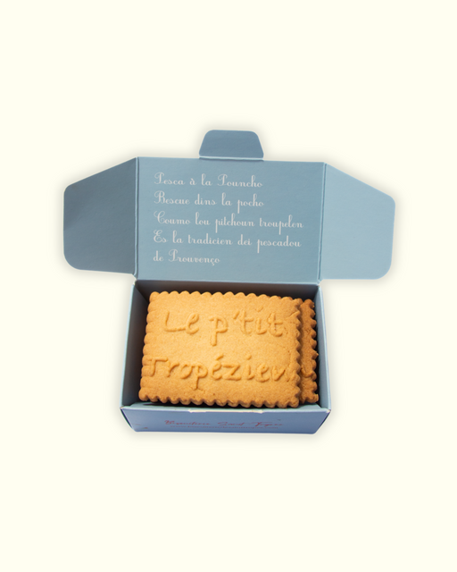 Biscuits traditionnels français Saint-Tropez en boîte pêcheur, spécialité artisanale inspirée des marins