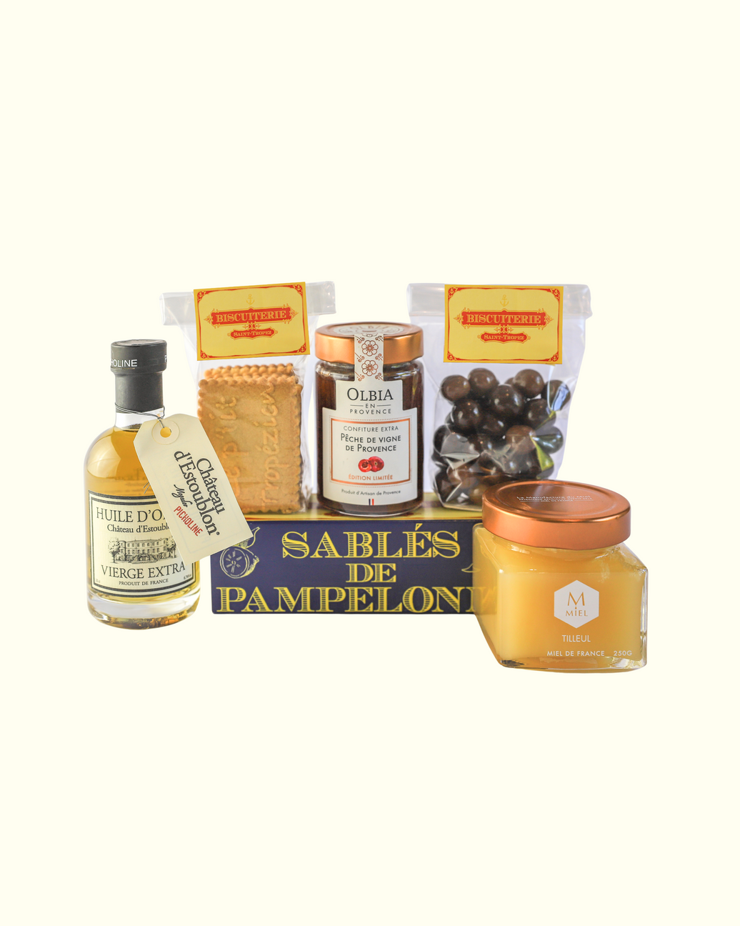 Coffret cadeau Provence avec miel artisanal, confiture, huile d'olive Estoublon et biscuits Saint-Tropez