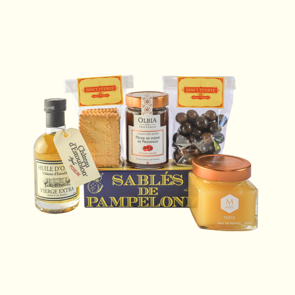 Coffret cadeau Provence avec miel artisanal, confiture, huile d'olive Estoublon et biscuits Saint-Tropez